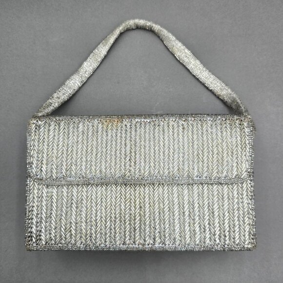 La Regale Handbags - VTG Silver Beaded Herringbone Evening Bag Top Handle 50s La Regale READ